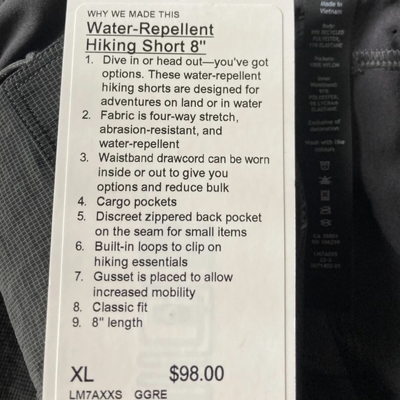 LULULEMON WATER-REPELLENT HIKING SHORT 8” INSEAM Men’s SIZE XL Trail running New - Picture 4 of 4